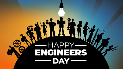 Happy Engineers Day text wishes poster in abstract black background with engineers of different streams, graphic design illustration wallpaper