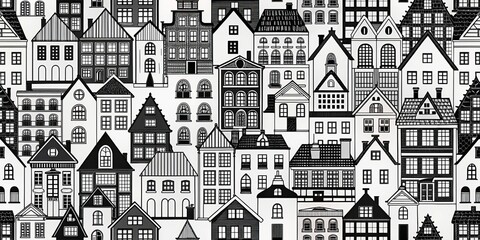  Black and White Cityscape Seamless Pattern with Detailed Houses, Windows, and Roofs, urban , cityscape, architecture