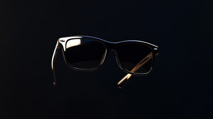 Sunglasses floating in the air against a black background.