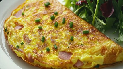 Wall Mural -   An omelet sits on a white plate alongside a pile of green leaves and a salad on another white plate