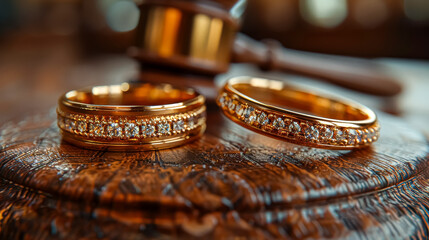 Wall Mural - Two gold wedding rings with diamonds, slightly apart on a wooden surface, symbolizing separation and the concept of divorce. The rings cast subtle shadows, enhancing the emotional tone.