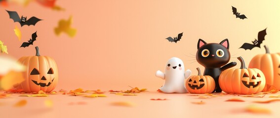 Photo Concept of Halloween Cats Playing with Tiny Pumpkin Lanterns and Ghosts with Copy Space for Text