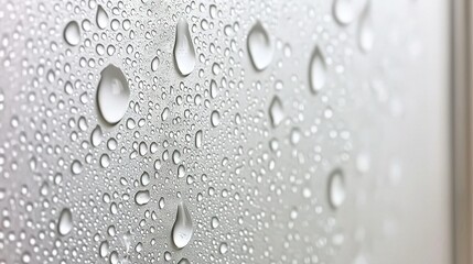 Poster -   Drops of water on a glass surface with white doors in the background