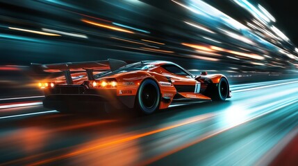 Modern, generic sports race cars traveling quickly on a well-lit circuit. 3D rendering that is realistic. Three-dimensional illustration