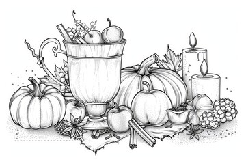 Coloring book illustration of a cozy autumn beverage featuring apples and spices like cinnamon and anise complemented by a pumpkin and candle decor