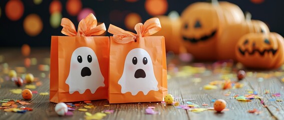 For Halloween trick-or-treating, these adorable Kawaii Halloween candy bags feature playful ghosts and pumpkins.