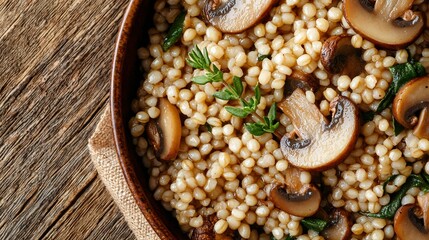 Wall Mural -   A close-up shot of a bowl filled with mushrooms, couscous, and more couscous on top of the first layer of couscous