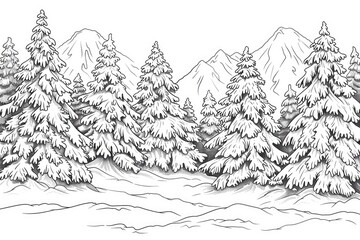 Wall Mural - Coloring book illustration of a beautiful winter scene featuring snow covered pine trees in a mountainous setting