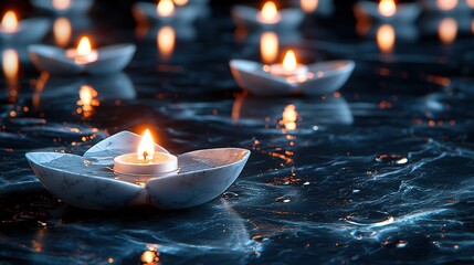 Poster -   A macro shot of a solitary candle nestled in a ceramic bowl amidst a cluster of flickering waxy candles