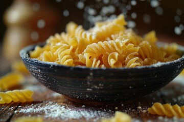 Fusilli pasta swirling in a dark bowl with flour dusting the surface, capturing the essence of an inviting kitchen scene