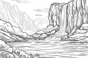 Wall Mural - Coloring book illustration of a beautiful waterfall in a mountainous landscape