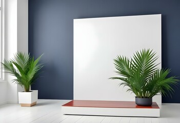 White podium with a sleek wooden top, complemented by fresh green palm leaves, in a modern gallery space with a stark white background.