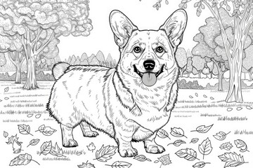 Coloring book illustration of a cute corgi dog with tongue out in a vibrant autumn park setting