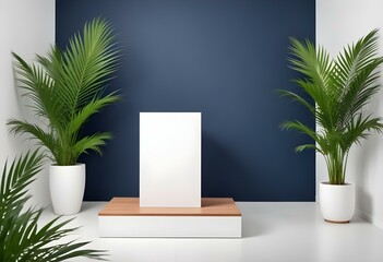 White podium with a sleek wooden top, complemented by fresh green palm leaves, in a modern gallery space with a stark white background.