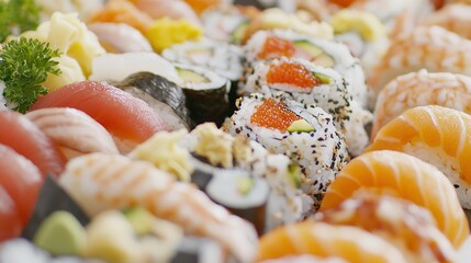 Poster -   A close-up photo of sushi served on a plate, surrounded by other sushi rolls