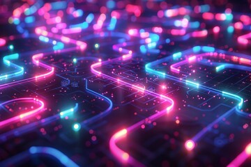 Poster - A vibrant neon circuit maze pulsing with energy, symbolic of complex data pathways