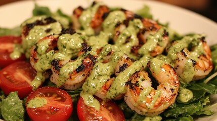 Wall Mural -   Up-close photo of shrimp and avocado-dressed lettuce plate