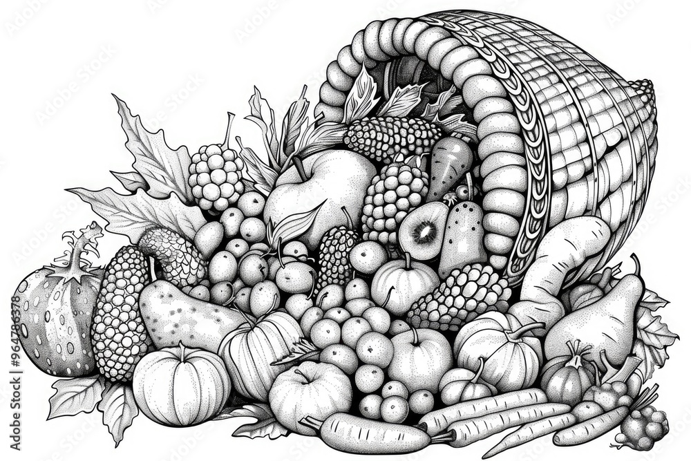 Ilustração do Stock Coloring book illustration of a Cornucopia brimming ...