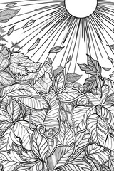 Coloring book illustration of a bright sun illuminating vibrant autumn foliage