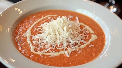 Wall Mural -   A bowl of tomato soup topped with Parmesan cheese and Parmesan sprinkled with Parmesan cheese