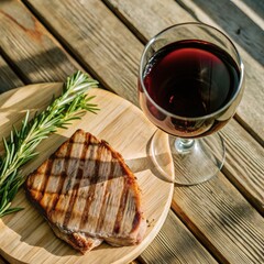 Top-down view of grilled pork steak and glass of red wine on wooden table. Generative AI