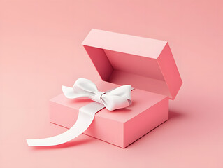 Sticker - Blank open pink gift box or present box with white ribbon bow isolated on light pink orange pastel color background with shadow minimal conceptual 3D rendering