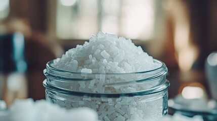 Poster -   A glass jar of white sugar sits atop a table beside food and coffee cup