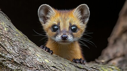 Poster -   A zoomed-in image of a tree limb with an animal's face and a tree stump in the background