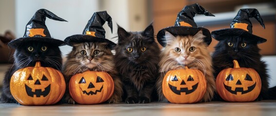 Various adorable Halloween cats holding miniature Jack o Lantern pumpkins on a photography concept with text space