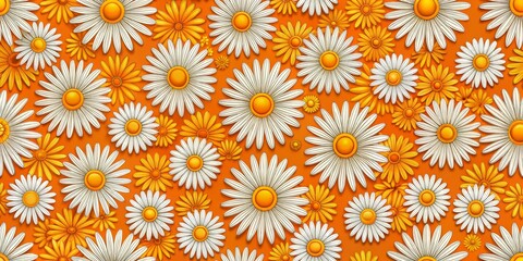 Sticker - Orange and White Daisy Flower Pattern, orange background, white and yellow daisies, daisy design, floral pattern, botanical illustration, nature