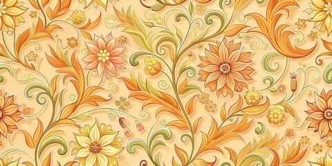 Wall Mural - Ornate Floral Pattern with Orange and Yellow Hues, Seamless, Digital Illustration, Floral, Wallpaper, Background