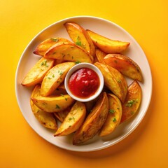 Paprika-seasoned potato wedges with dipping sauce on a bright plate. Generative AI