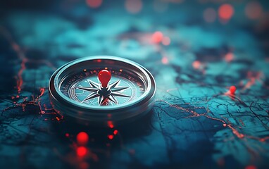 Wall Mural - a detailed compass with red pins on a map, with a background of abstract blue and blurred world maps