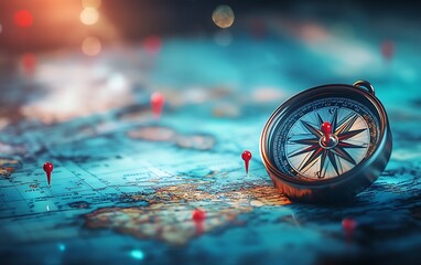 Wall Mural - a detailed compass with red pins on a map, with a background of abstract blue and blurred world maps