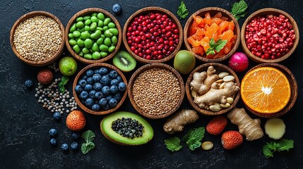 Poster -   A collection of diverse fruits and vegetables is displayed in wooden bowls on a dark background The arrangement includes oranges, kiwis, blueberries, among other options