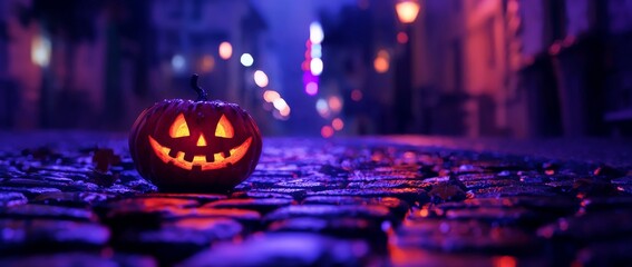 Night time cityscape with a glowing neon jack o lantern surrounded by atmospheric neon lighting falling leaves and other spooky supernatural elements