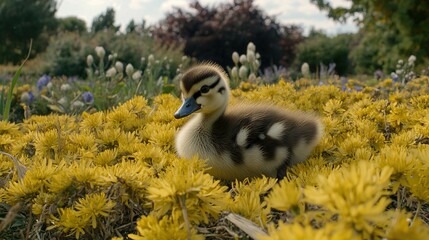 Poster -   A duckling rests amidst dandelions and wildflowers, beneath a clear blue sky