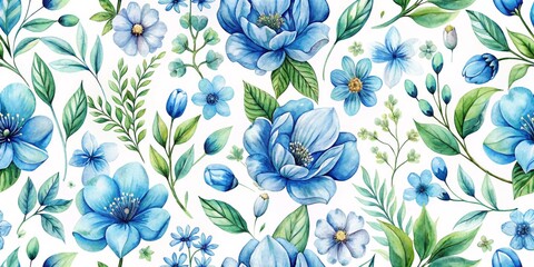 Wall Mural - Watercolor Blue Floral Seamless Pattern - Botanical Illustration, Flower Design, Floral Print, floral, seamless, watercolor