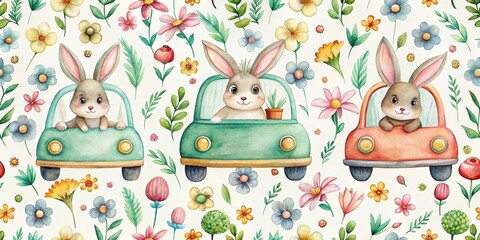 Watercolor Bunny Driving Cars with Floral Background, Seamless Pattern, Watercolor Illustration, Easter, Springtime, Cute Animals