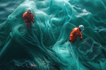 Fishermen casting nets into the ocean during early morning hours, showcasing their skill and resilience in a tranquil maritime environment