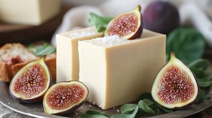   A zoomed-in image of a dish with a bar of soap and figs beside it