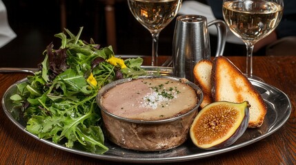 Sticker -   A zoom-in of a platter featuring bread, salad, and wine glasses arranged on a table