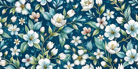 Wall Mural - Watercolor Floral Pattern with White Flowers on a Teal Background, Floral Pattern, Watercolor Flowers, Teal Background