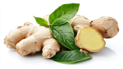 Wall Mural - Whole and cup ginger root with green leaves isolated on white background 