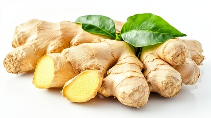 Wall Mural - Whole and cup ginger root with green leaves isolated on white background 