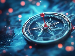 Wall Mural - a dynamic compass with red pins punctuating a partially visible map, positioned against a softly blu