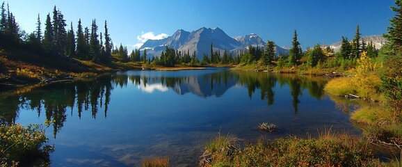 Wall Mural - A serene mountain lake reflecting the sky and snow-capped peaks, surrounded by lush greenery.