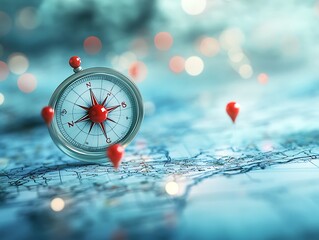 Wall Mural - a compass with red pins punctuating a partially visible map, positioned against a softly blurred blu