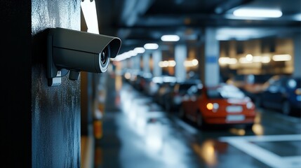 Surveillance camera monitors a busy parking garage at night