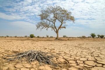 A Lone Tree Stands Against a Crackled Earth, A Stark Reminder of Desertification's Grip.